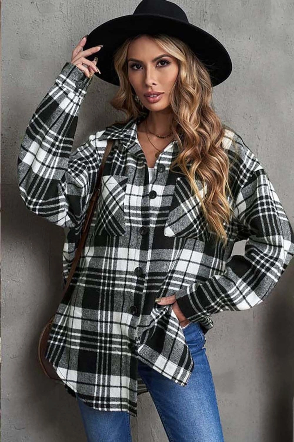 Plaid Collared Neck Button Up Jacket With Pockets Hot Pick Sale