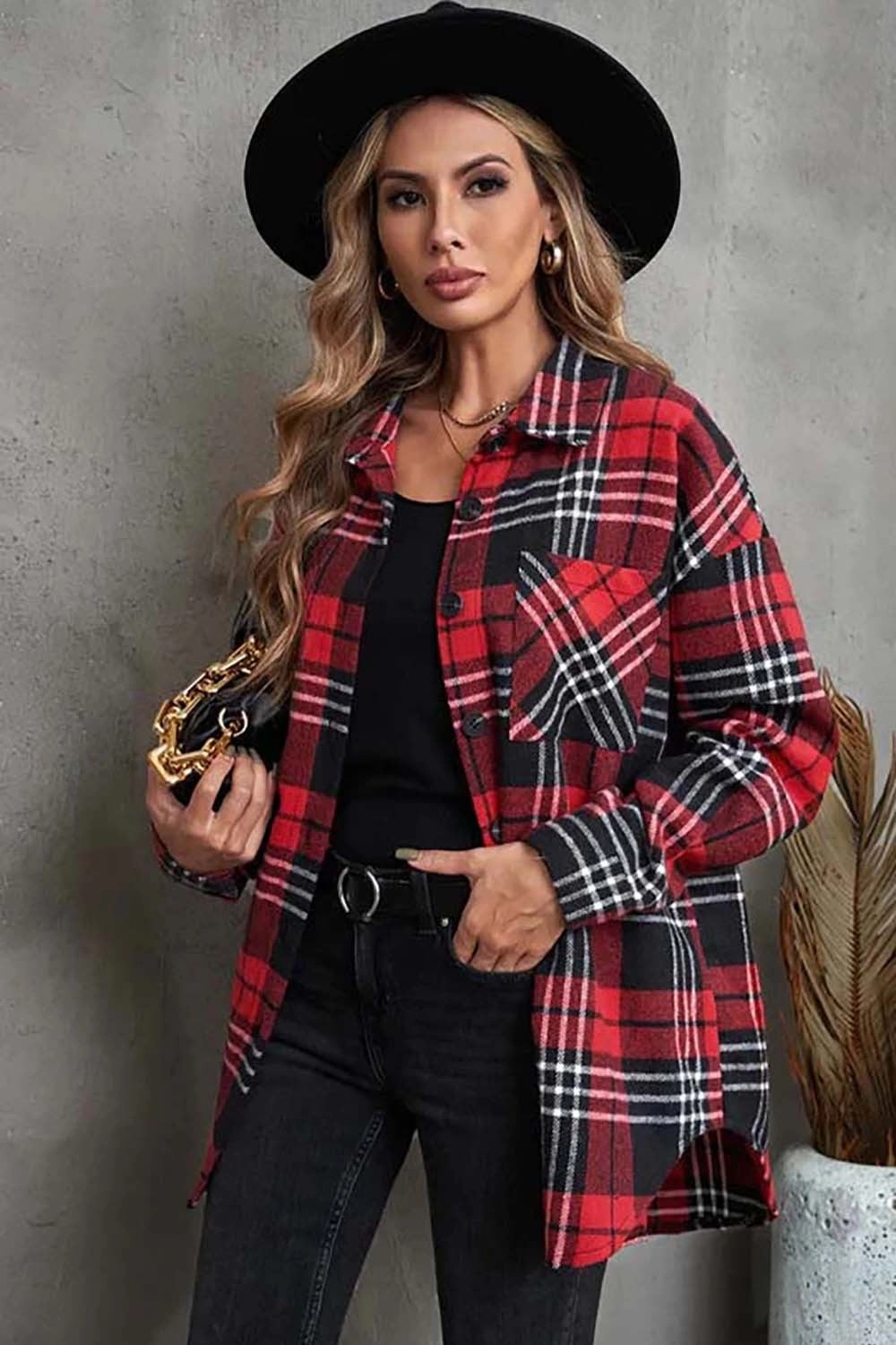Plaid Collared Neck Button Up Jacket With Pockets Exclusive Holiday Deal Todays Hot Savings