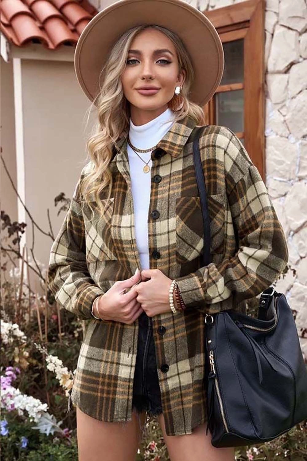 Hot Pick Sale Exclusive Hot Pick Plaid Collared Neck Button Up Jacket With Pockets
