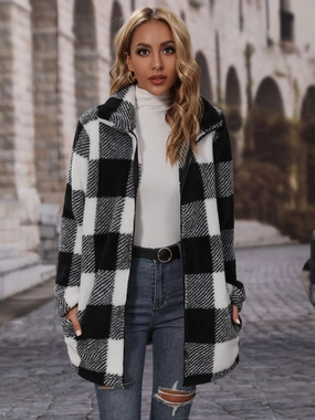 Plaid Collared Neck Coat With Pockets Mega Discount Event Save Today Only