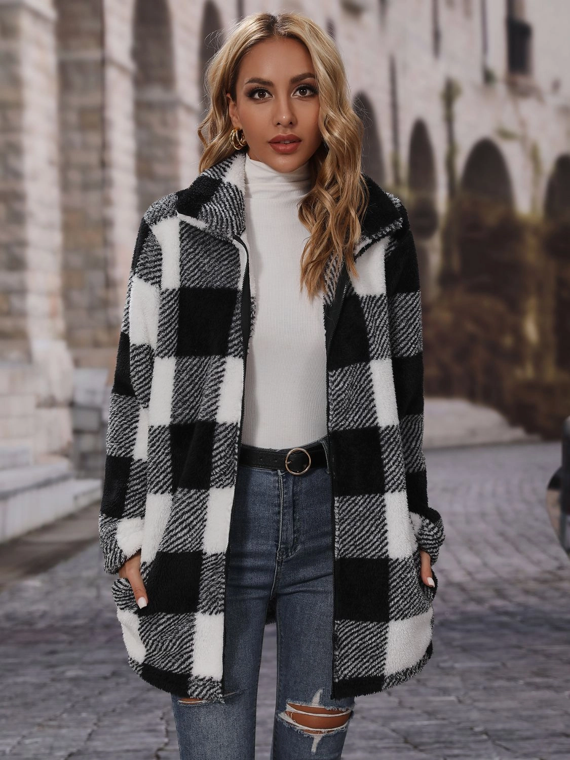 Instant Discount Plaid Collared Neck Coat With Pockets
