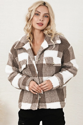Plaid Collared Neck Drop Shoulder Jacket Dont Miss Todays Deal