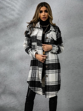 Plaid Collared Neck Long Sleeve Coat Limited Time Offer Mega Hot Offer