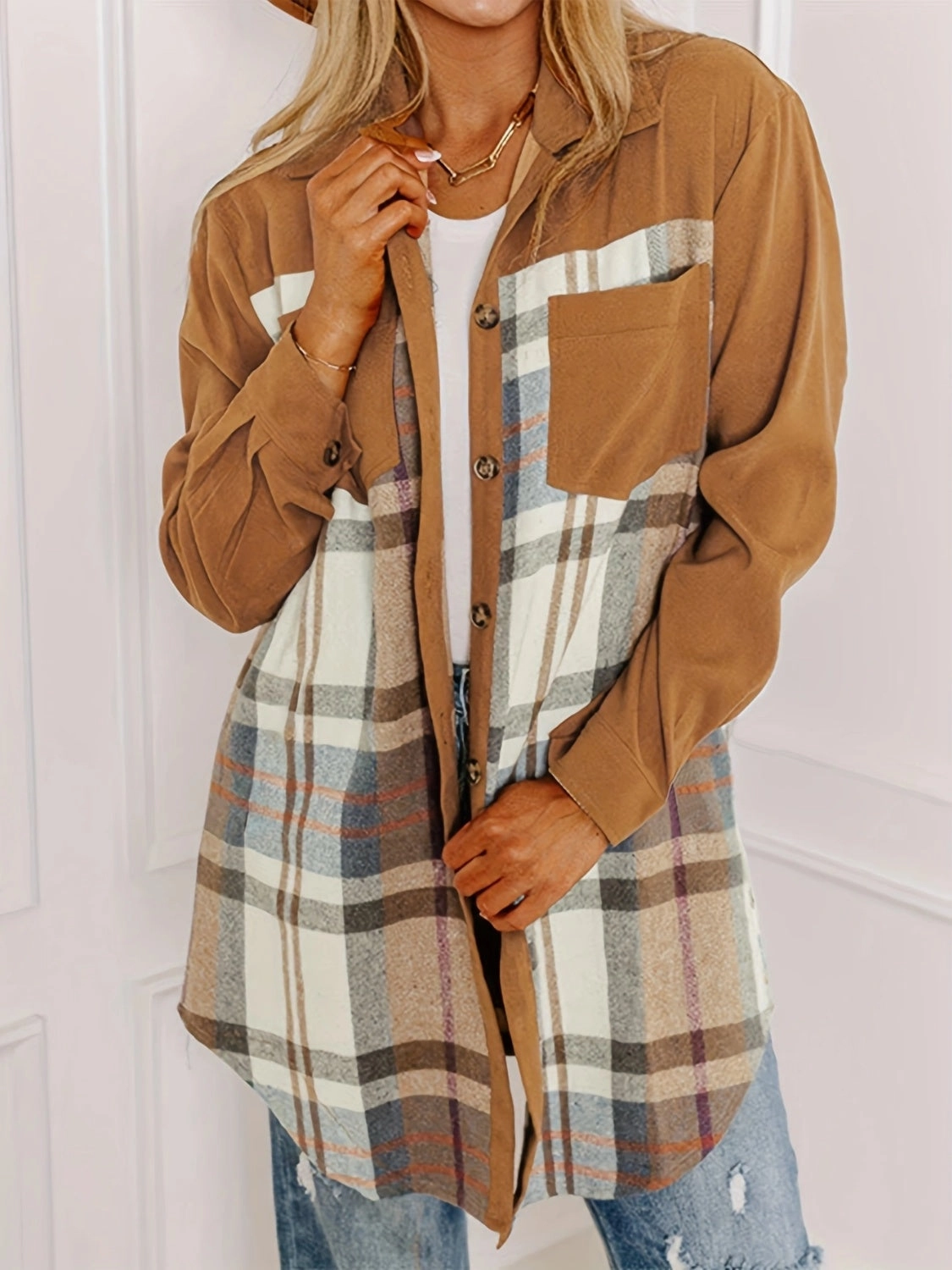 Trending Now Offer Clearance Savings Now Plaid Collared Neck Long Sleeve Jacket