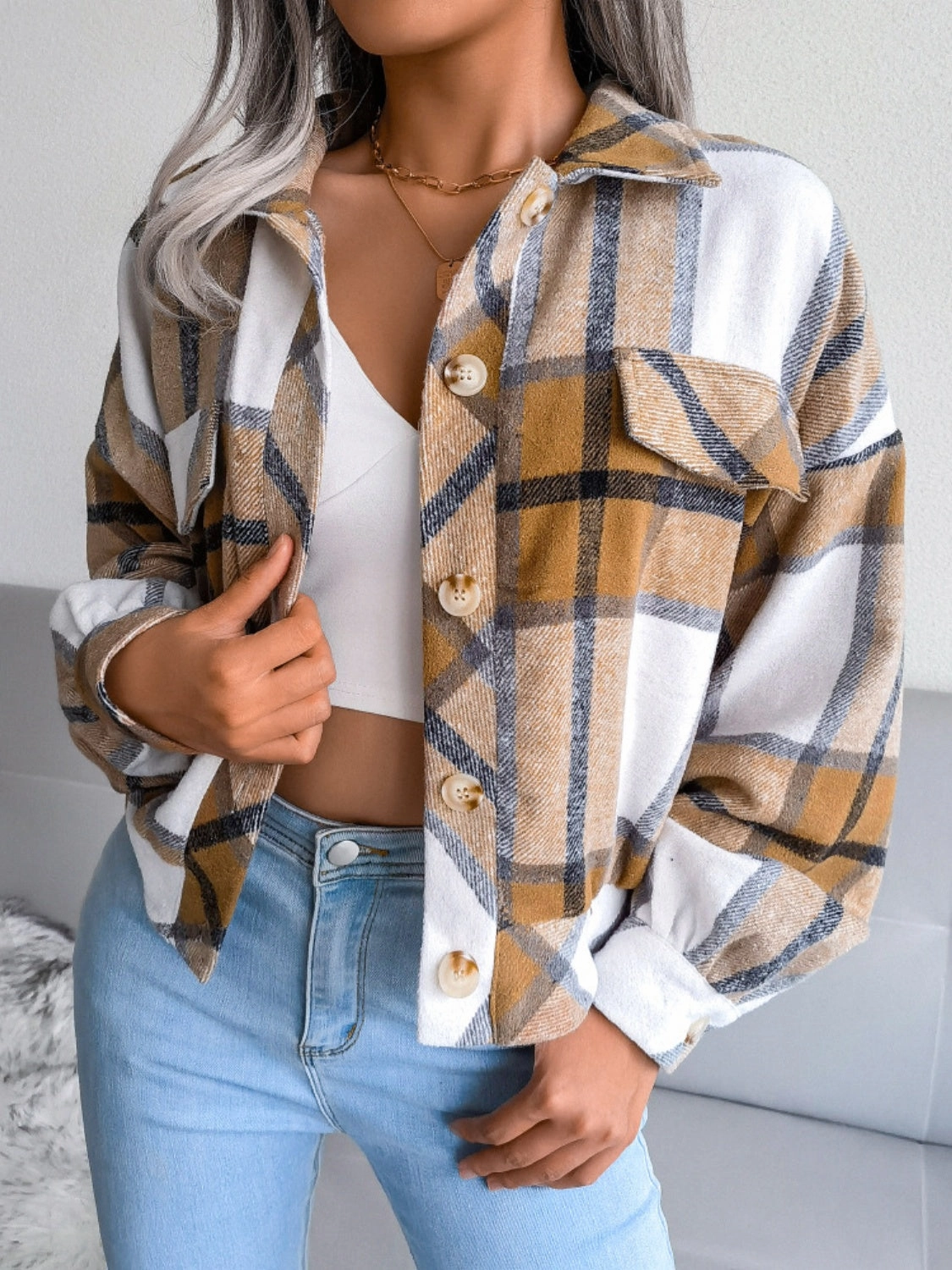 Plaid Collared Neck Long Sleeve Jacket Best Deal Online Shop the Savings Now