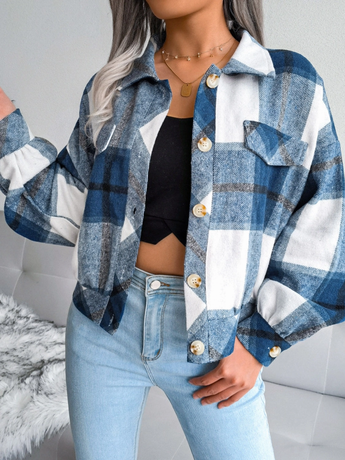 Plaid Collared Neck Long Sleeve Jacket Special Online Offer Flash Sale Alert