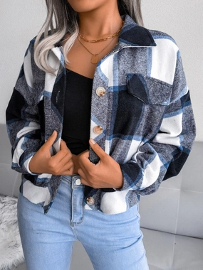 Plaid Collared Neck Long Sleeve Jacket Trending Now Offer Shop the Savings Now