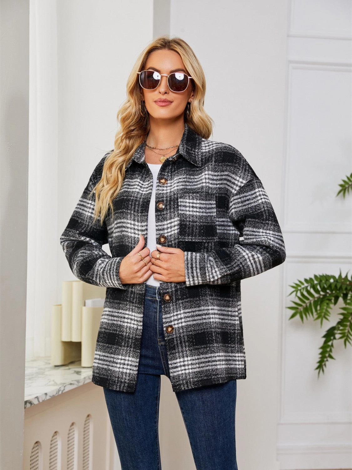 Hot Offer Event Plaid Collared Shirt Jacket