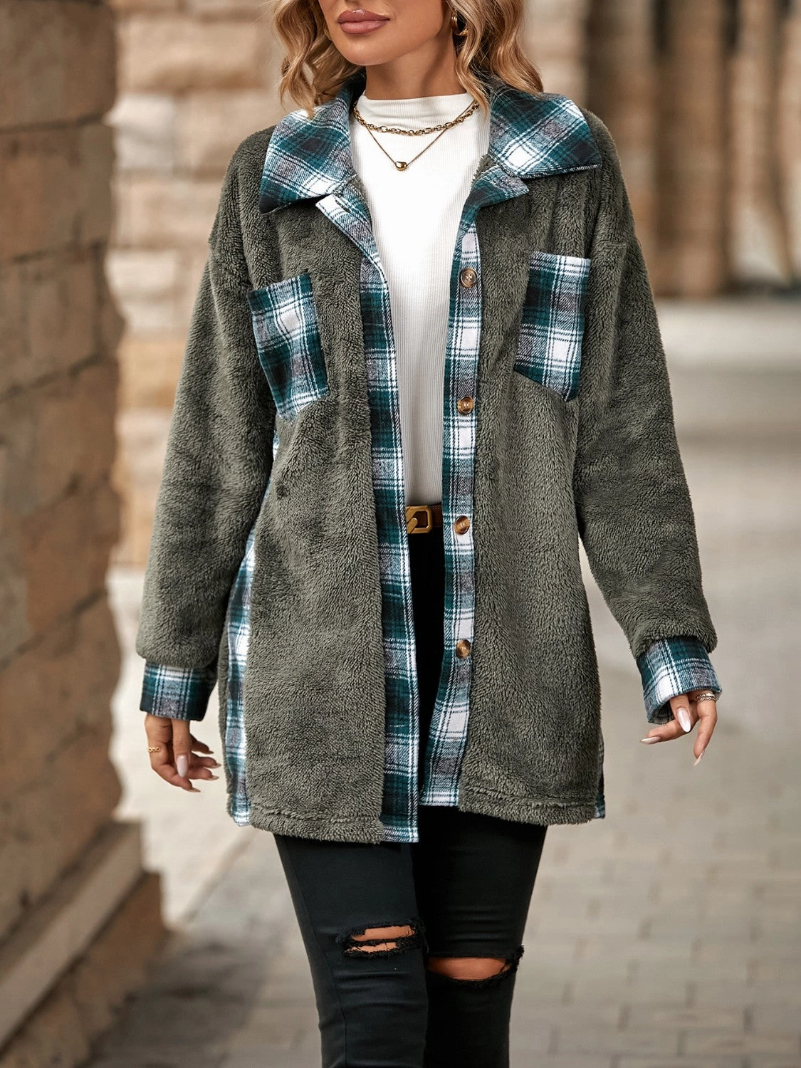 Plaid Contrast Dropped Shoulder Coat Online Exclusive Steal Perfect Gift Sale