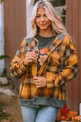 Plaid Hooded Button Front Jacket Save More Online