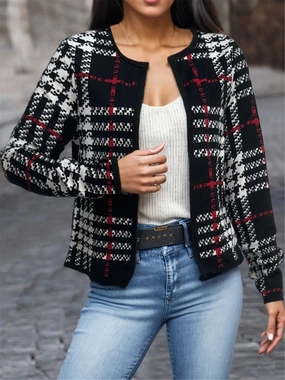 Instant Discount Plaid Open Front Long Sleeve Jacket