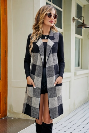Best Price Today Hot Price Drop Plaid Open Front Sleeveless Cardigan With Pockets