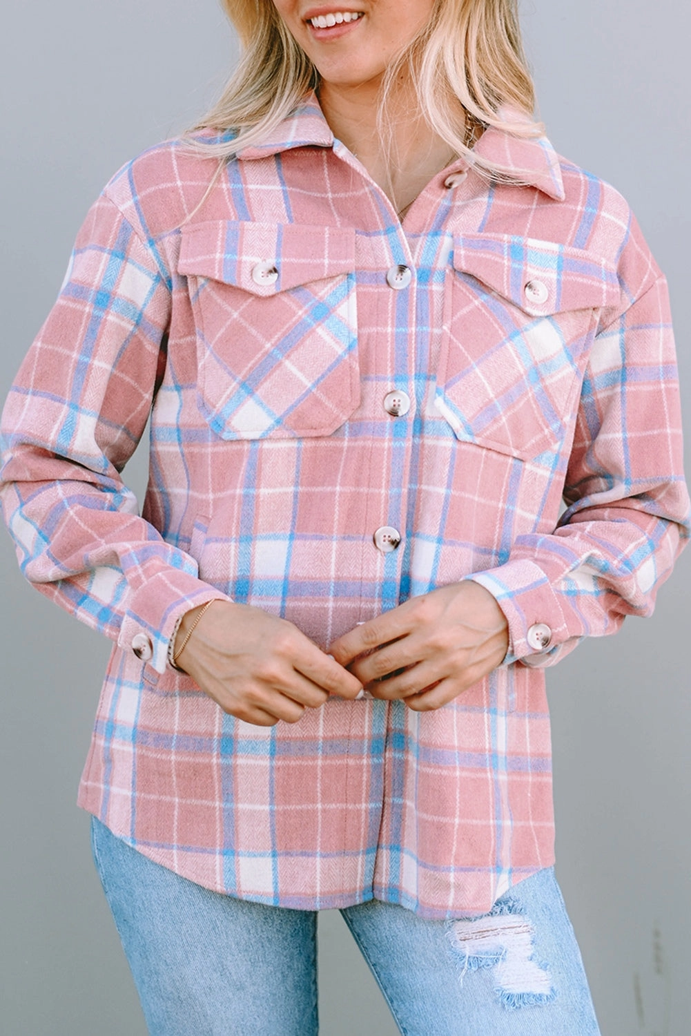 Plaid Pocketed Collared Neck Button Up Jacket Big Price Drop Flash Sale Alert