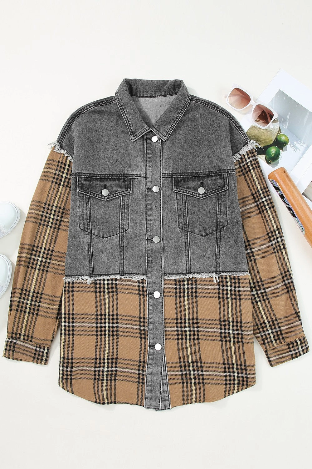 Plaid Raw Hem Button Up Denim Jacket Today Only Hot Pick