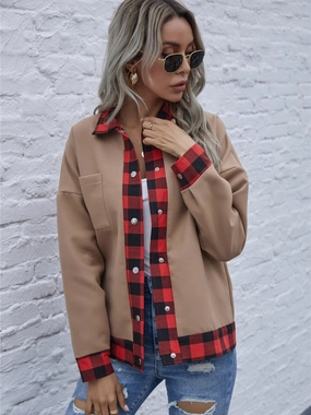 Big Savings Event Plaid Trim Long Sleeve Jacket