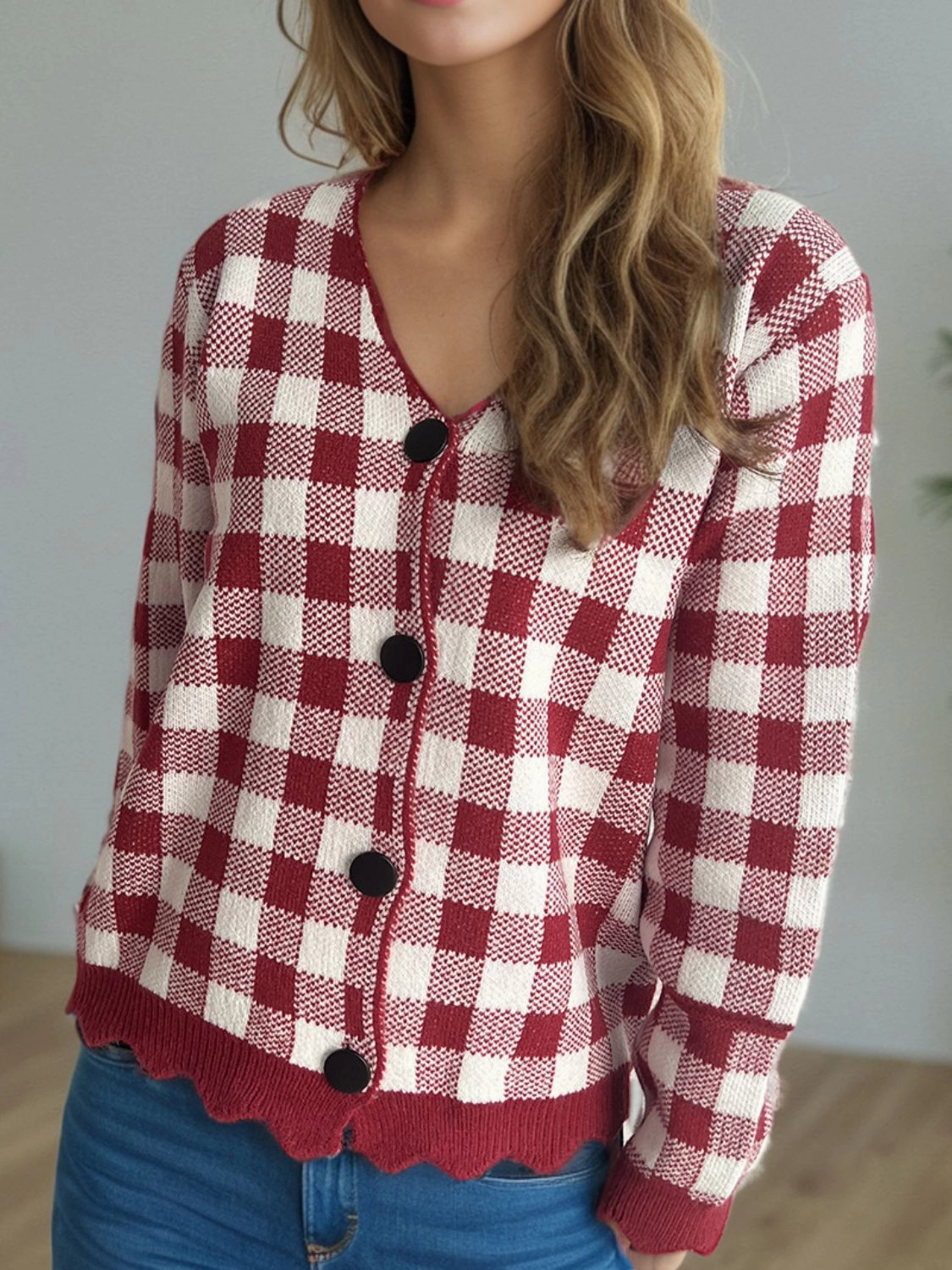 Plaid V-Neck Button Up Cardigan Dont Miss Big Savings New Arrival Discount