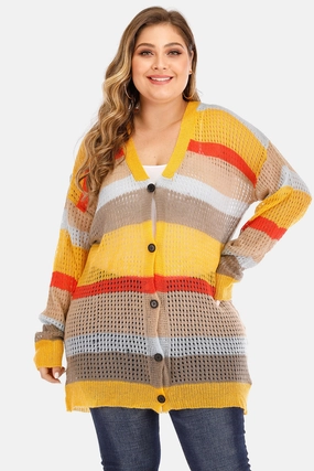 Big Savings Today Plus Openwork Color Block Button Up Cardigan