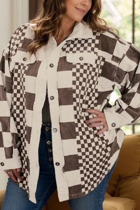 Mega Sale Now Plus Size Checkered Button Up Long Sleeve Jacket