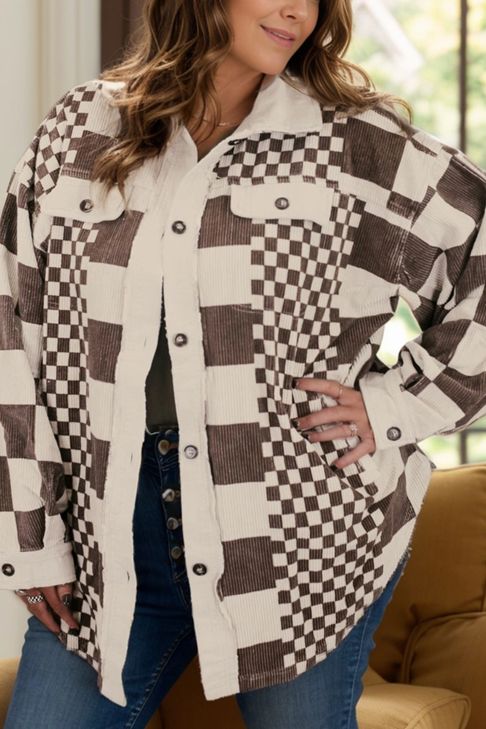 Mega Sale Now Plus Size Checkered Button Up Long Sleeve Jacket