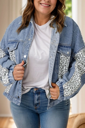 Hot Sale Frenzy Plus Size Leopard Long Sleeve Denim Jacket
