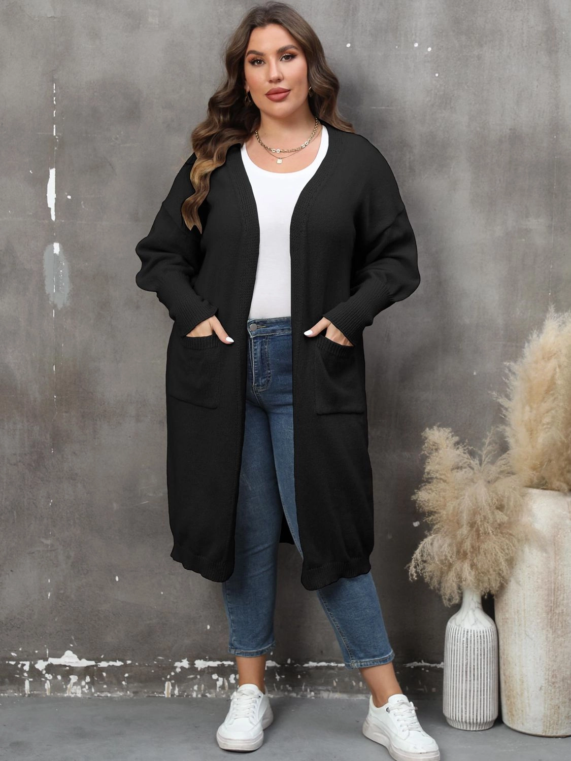 Price Drop Today Plus Size Long Sleeve Pocketed Cardigan
