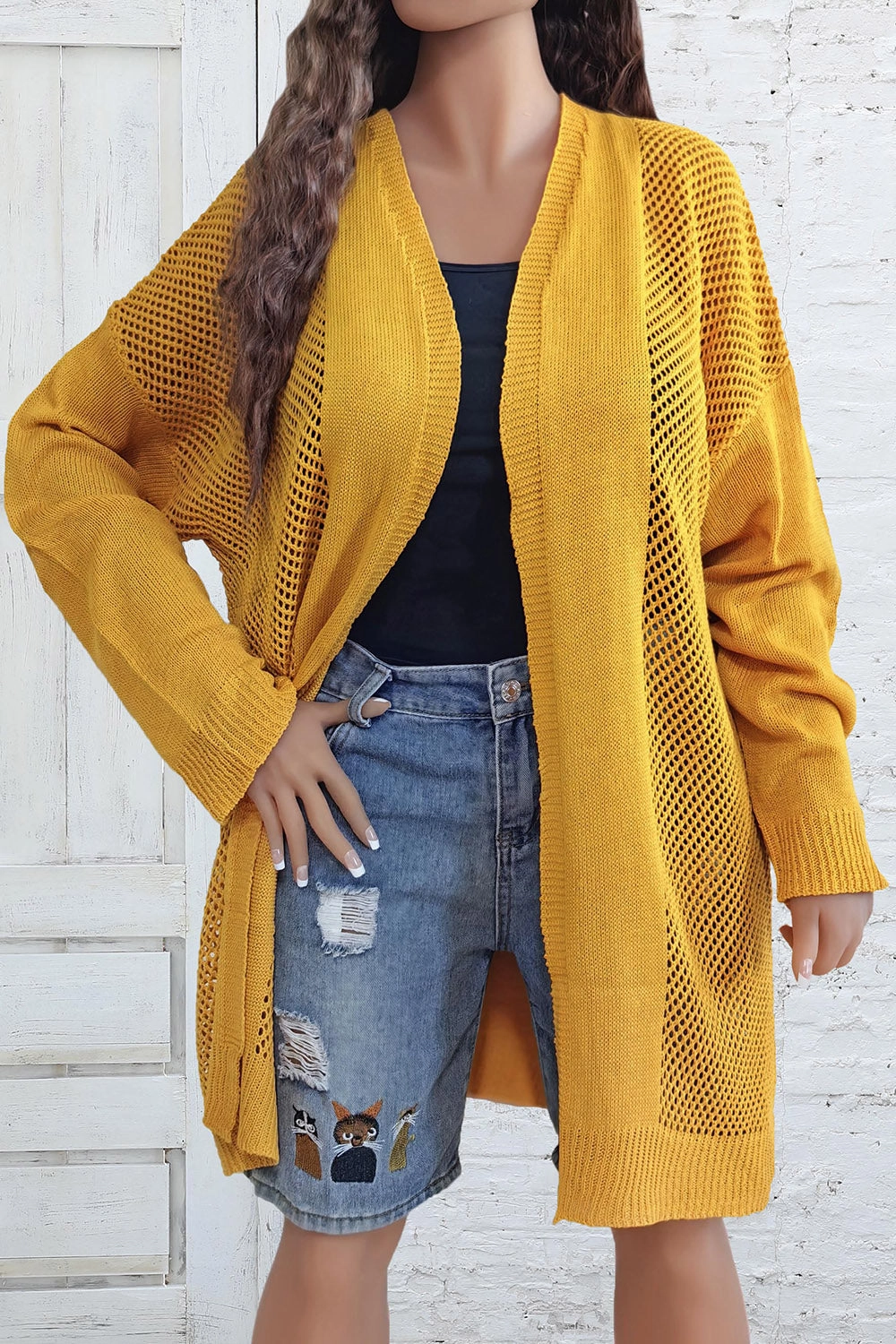 Plus Size Openwork Long Sleeve Open Front Cardigan Todays Special Picks