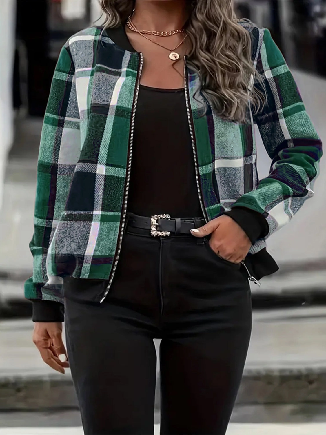 Grab Your Savings Price Slash Today Plus Size Plaid Baseball Collar Zip Up Jacket