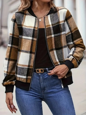 Limited Time Discount Plus Size Plaid Baseball Collar Zip Up Jacket