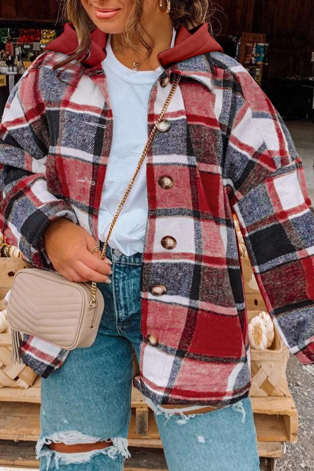 Save More Online Plus Size Plaid Button Up Hooded Jacket