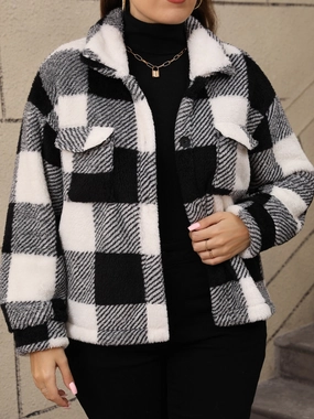 Weekend Specials EndofWeek Deals Plus Size Pocketed Plaid Collared Neck Jacket