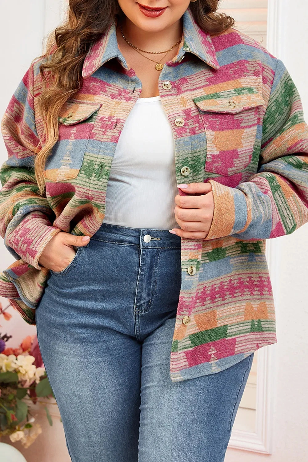 Today Only Savings Special Price Offer Plus Size Pocketed Printed Collared Neck Jacket