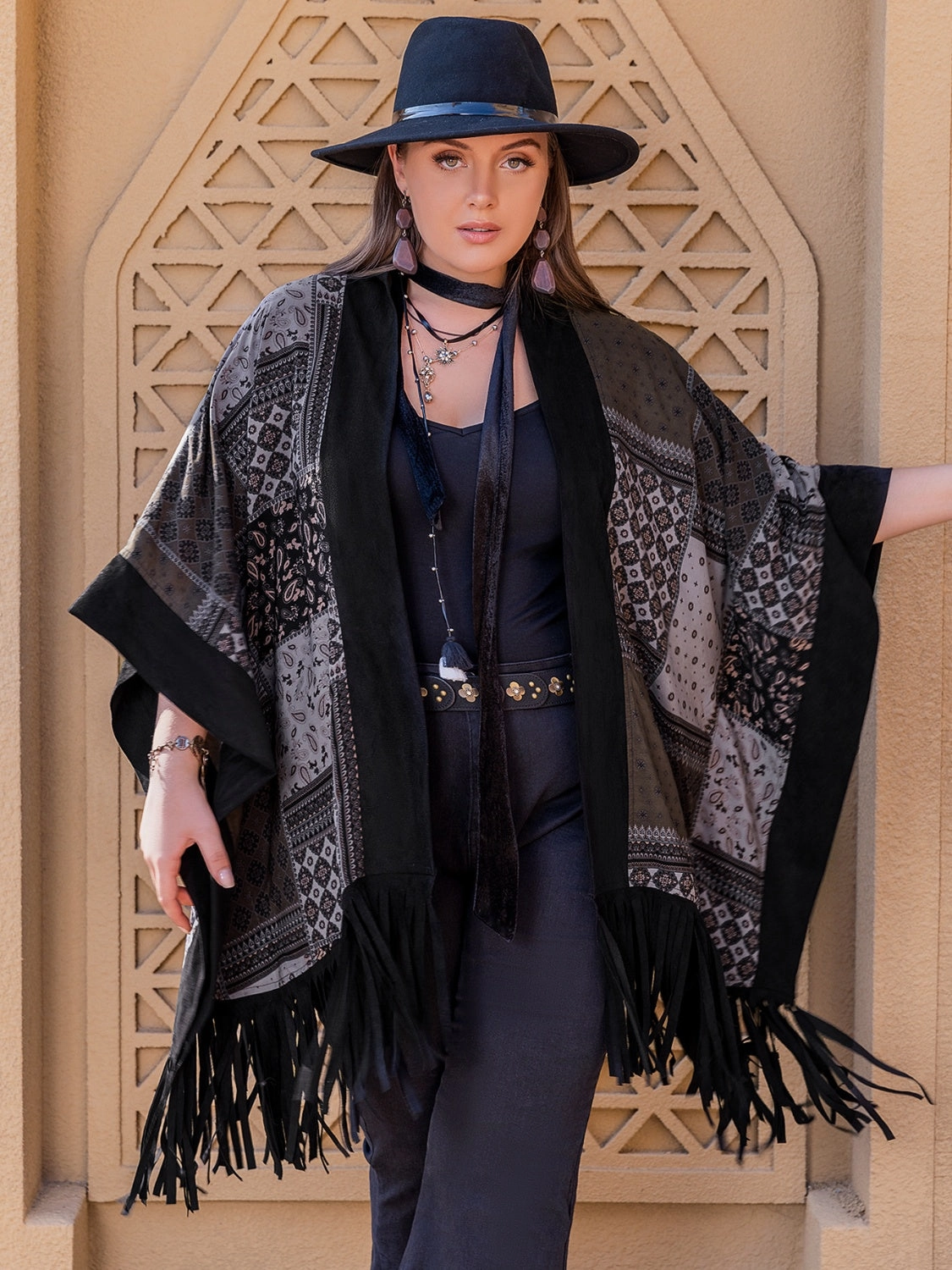 Plus Size Printed Fringe Open Front Outerwear Special Steal Event Sweet Deal Today
