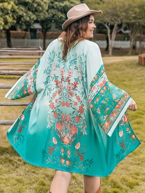Plus Size Printed Open Front Long Sleeve Cover Up Clearance Savings Now