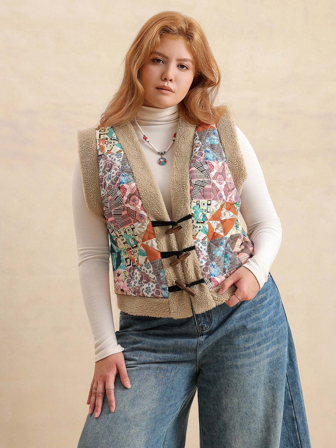 Trending Now Discount Grab Todays Deal Plus Size Printed Sherpa Vest Coat