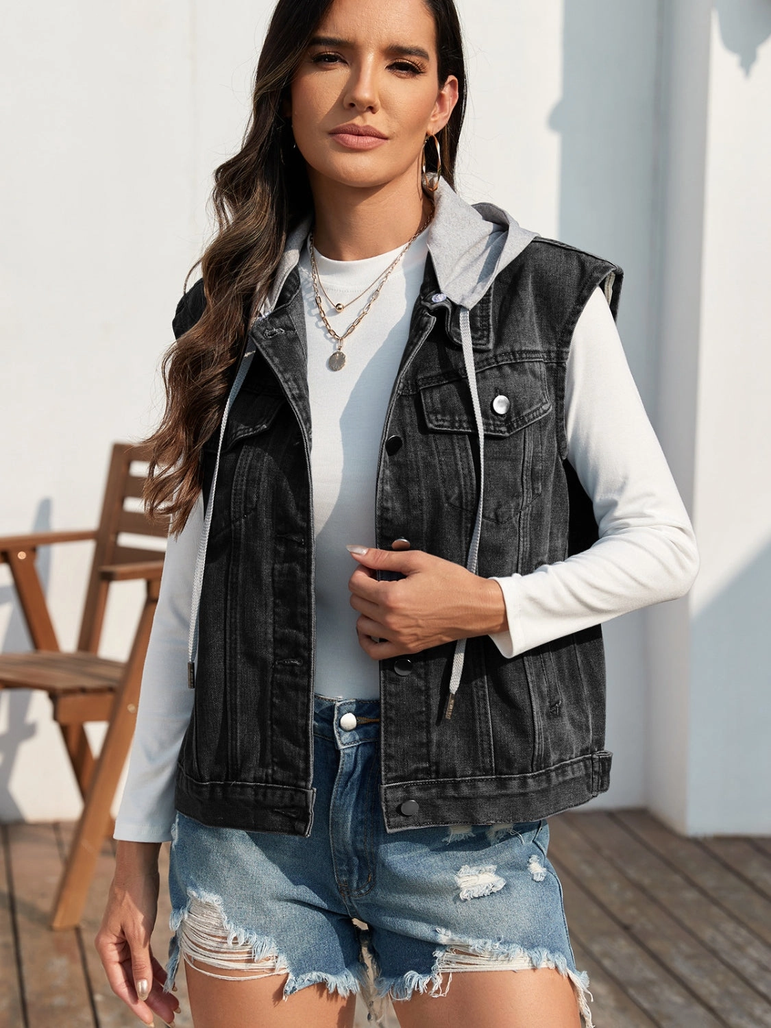 Pocketed Button Up Hooded Denim Jacket Instant Hot Deal