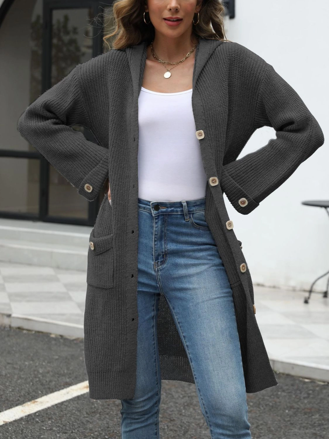 Special Surprise Sale Pocketed Button Up Long Sleeve Hooded Cardigan