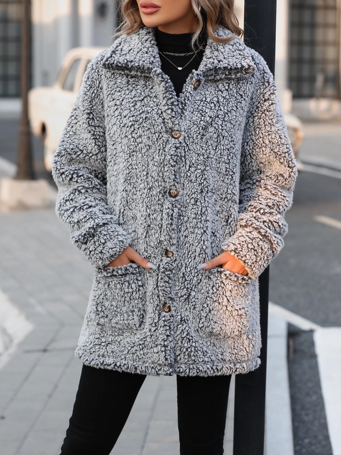 Pocketed Collared Neck Long Sleeve Plush Jacket Clearance Blowout MustHave Items