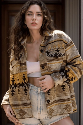Trending Now Offer Hot Discount Deal Pocketed Geometric Collared Neck Jacket