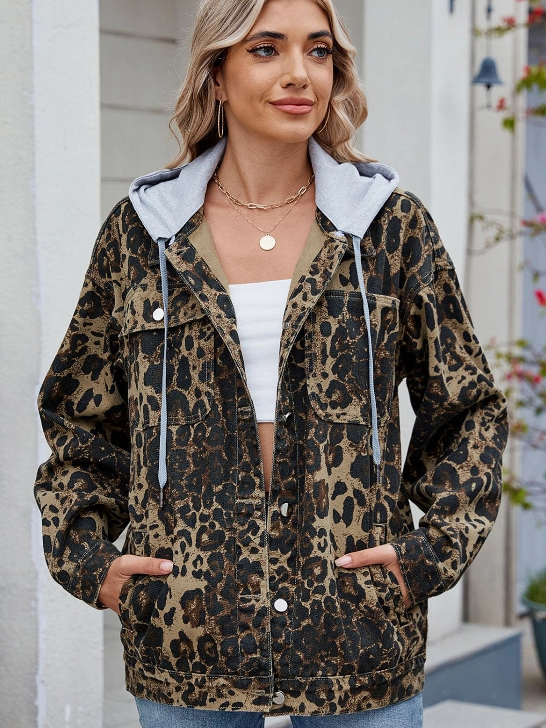 Pocketed Leopard Long Sleeve Denim Jacket Best Seller Discount Sweet Deal Today