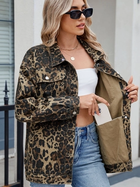 MustShop Sale Pocketed Leopard Long Sleeve Denim Jacket
