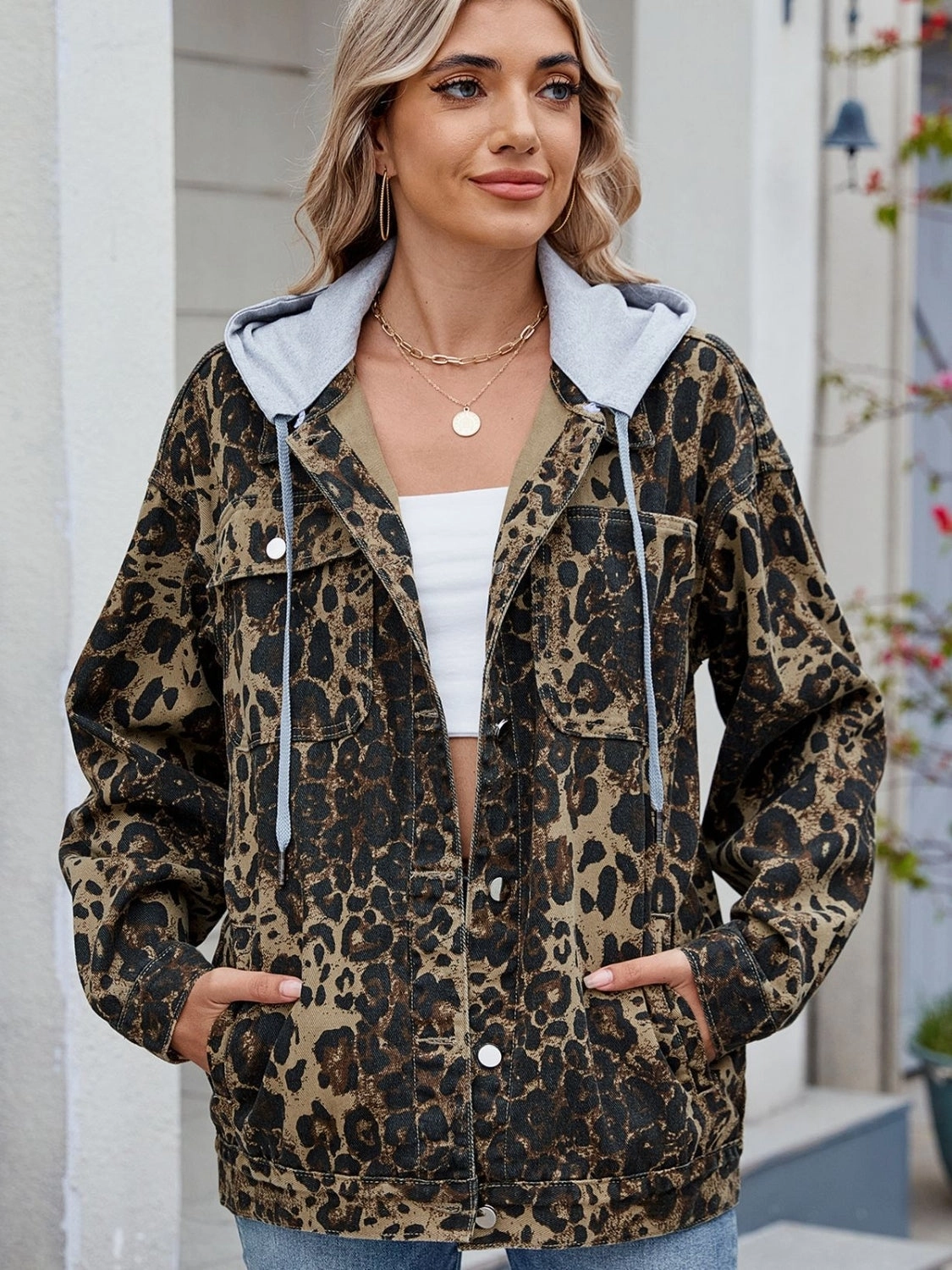 Best Deal Today Today Only Hot Pick Pocketed Leopard Long Sleeve Denim Jacket
