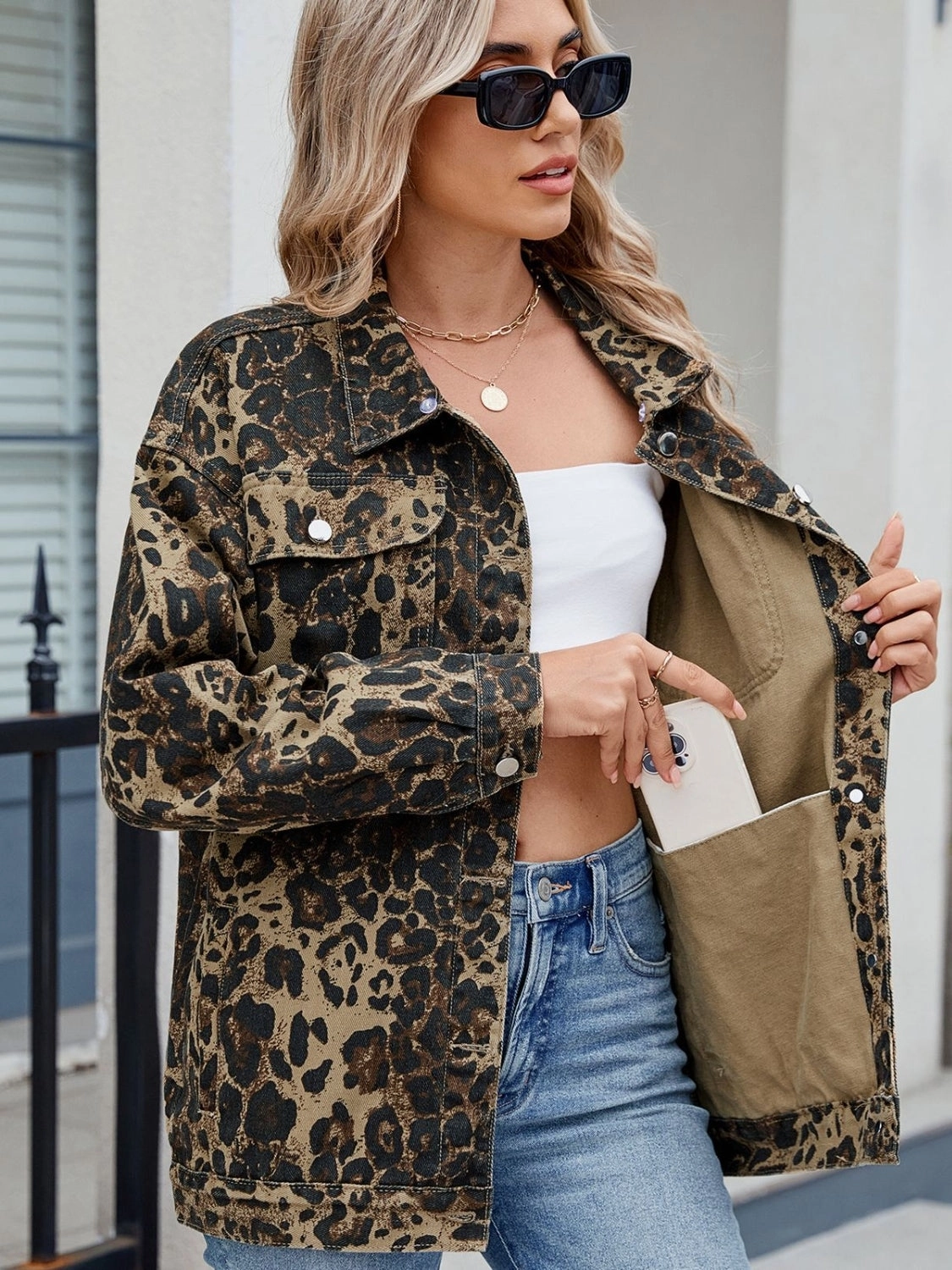 MustShop Sale Pocketed Leopard Long Sleeve Denim Jacket