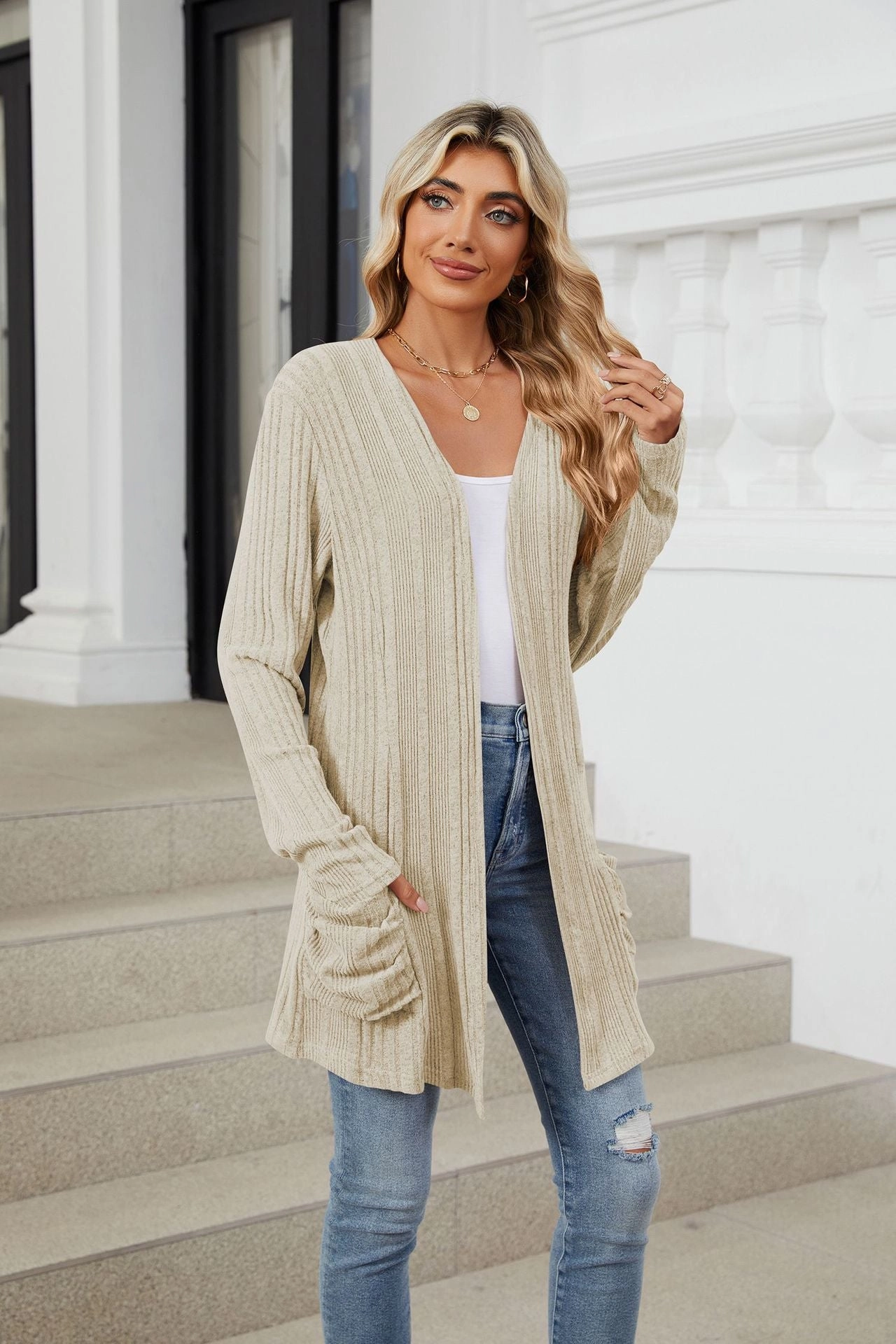 Hot Savings Alert Price Drop Alert Pocketed Open Front Long Sleeve Cardigan