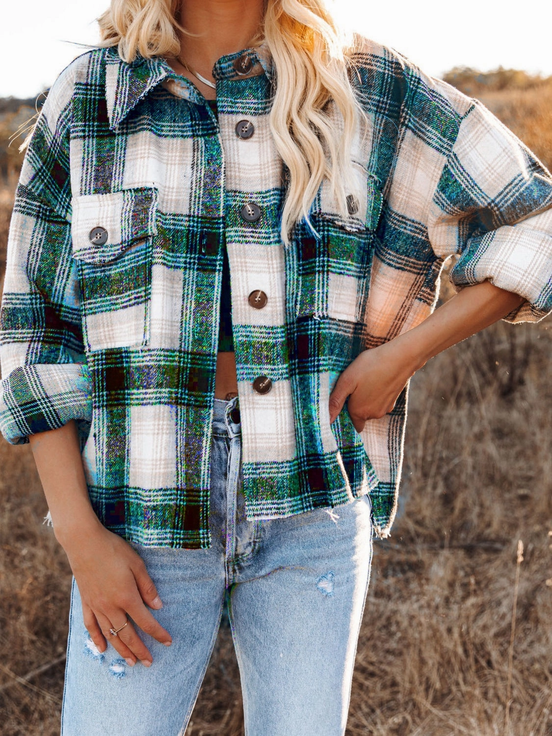 Pocketed Plaid Button Down Long Sleeve Shacket Special Occasion Discount