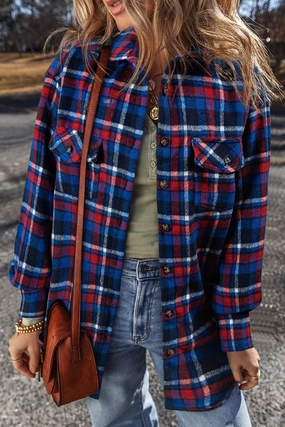 Hot Clearance Now Online Deal Frenzy Pocketed Plaid Collared Neck Long Sleeve Shacket