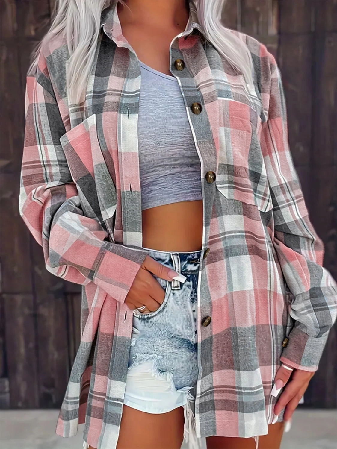 Pocketed Plaid Collared Neck Shacket Deal Frenzy Today