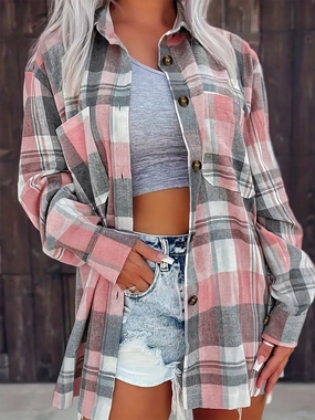 Pocketed Plaid Collared Neck Shacket Hot Sale Today Big Savings Today