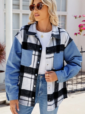 Pocketed Plaid Snap Down Denim Jacket Todays Steal