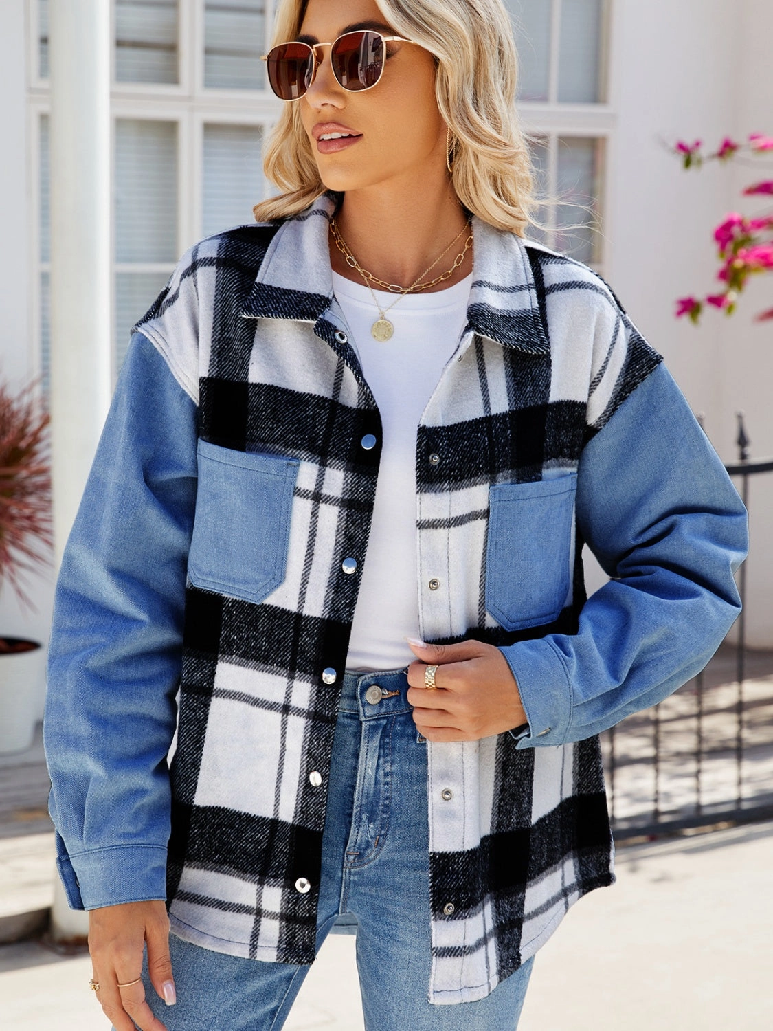 Pocketed Plaid Snap Down Denim Jacket Todays Steal