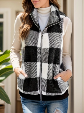 Pocketed Plaid Zip Up Vest Coat Todays Special Savings
